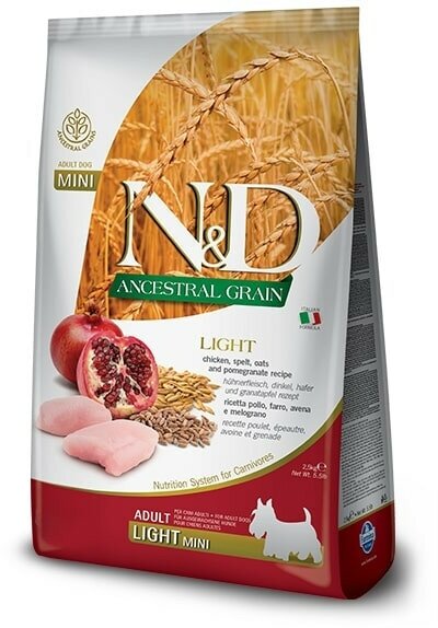 Farmina N&D Ancestral Grain Dog Light Adult Mini сухой низкозерновой корм для взрослых собак мелких пород с избыточным весом с курицей и гранатом - 800 г