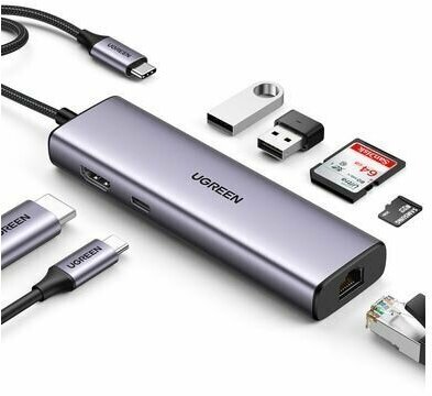 Конвертер UGREEN CM512 (90568) USB-C to 2*USB3.0+HDMI+RJ45+SD&TF +PD Port Converter. Цвет: серый