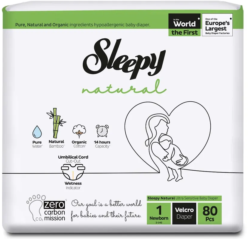 ЭКО Подгузники детские Sleepy Natural размер 1 (2-5кг.) 80 шт.