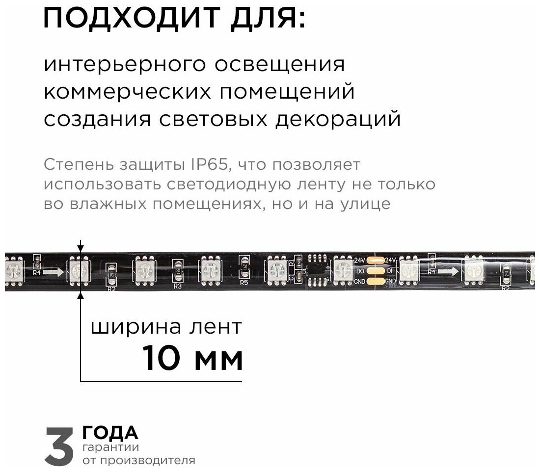 Комплект адресной светодиодной ленты Apeyron 10-97, подложка 10 мм (черная), 24В, 14,4Вт/м, smd5050, 60д/м, IP65, 2м, RGB - фотография № 9