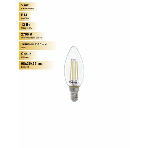 фото (5 шт.) светодиодная лампочка general свеча e14 12w 2700k 2k 35x98 нитевидная, прозр фил glden-cs-12-230-e14-2700 660325 теплый белый. цоколь e14 general lighting systems