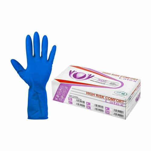Перчатки латексные SFM HIGH RISK COMFORT, сверхпрочные, синие, размер XL, 25 пар