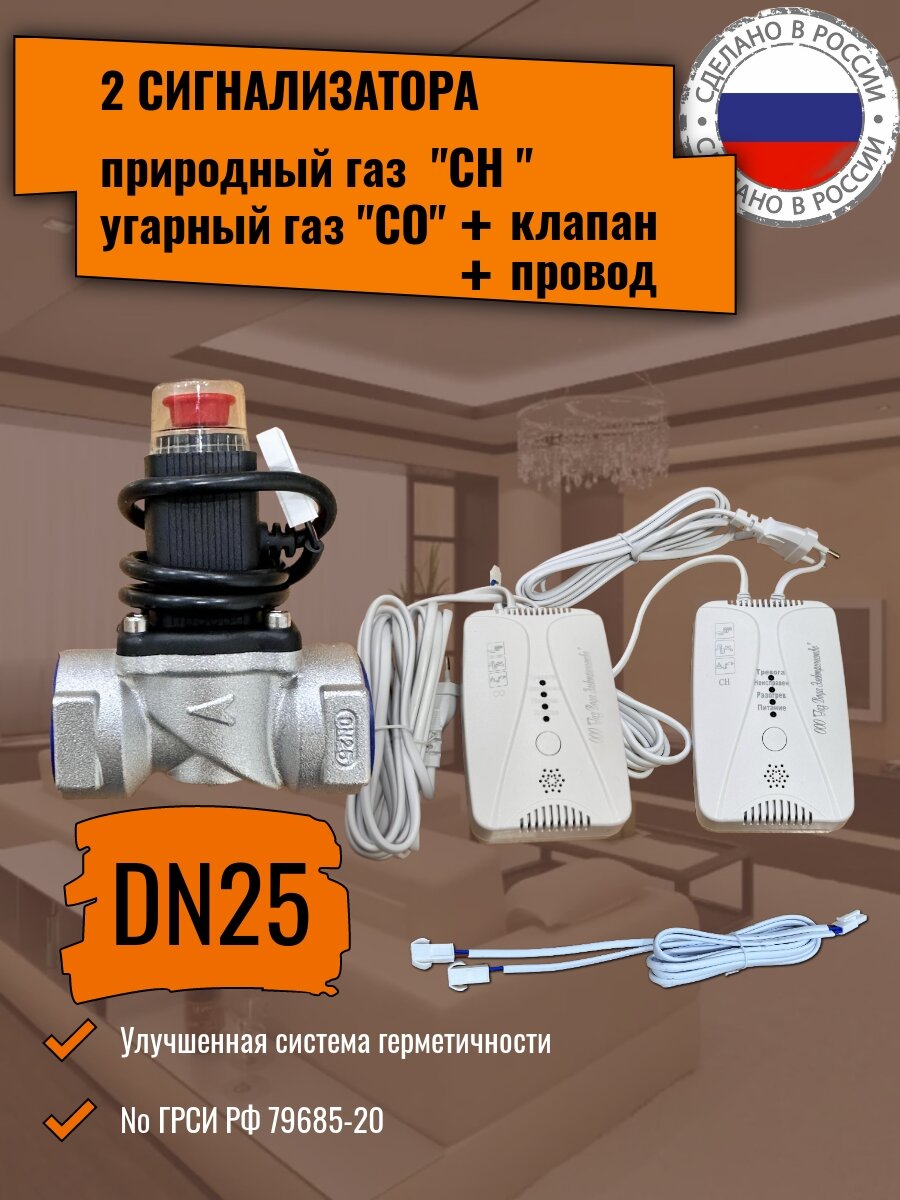 Сигнализатор загазованности природный газ метан + угарный газ СН+СО + клапан Dn25 (Два блока, соединительный кабель)