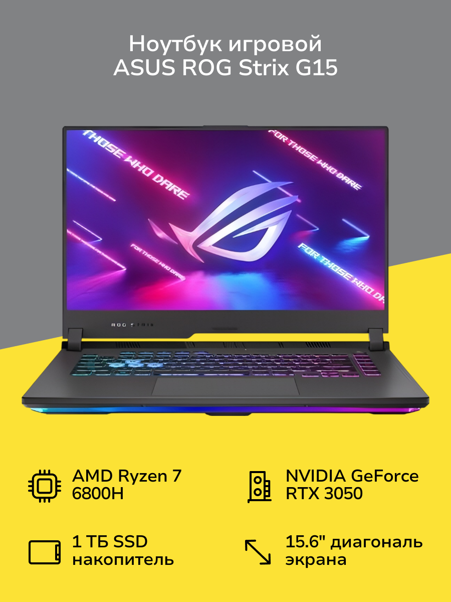 Ноутбук игровой ASUS ROG STRIX G15/15.6"/AMD Ryzen 7 6800H/HS/16/1TB/RTX 3050/noOS/Gray
