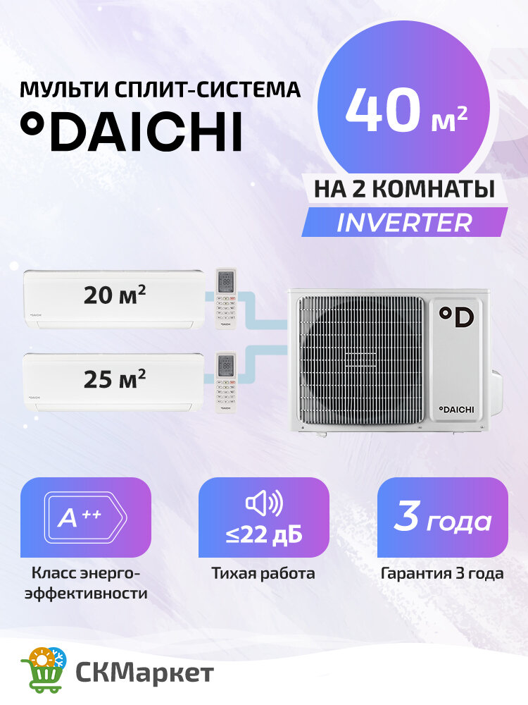 Технологичная инверторная мульти сплит система (кондиционер) Daichi ICE на 2 комнаты (20+25) кв. м. ICE20AVQS1R-1+ICE25AVQS1R-1/ DF40A2MS1R, комплект белый