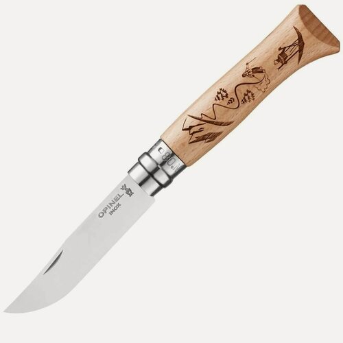 Изображение товара Нож Opinel №8 Alpine adventures, нержавеющая сталь, рукоять дуб, гравировка лыжи, 002188