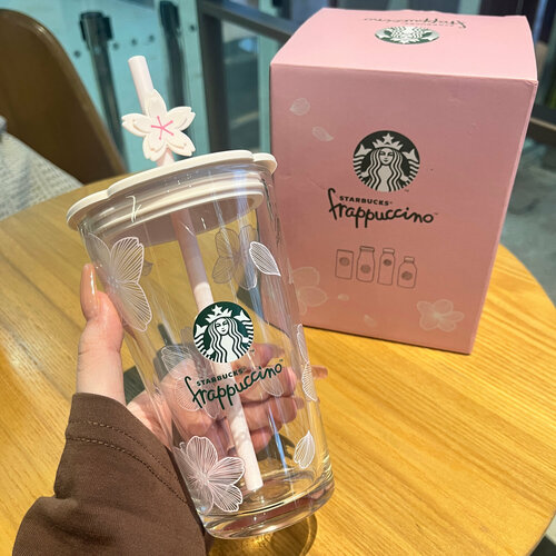 Кружка Starbucks, прозрачное стекло, узор цветущей сакуры, 450мл