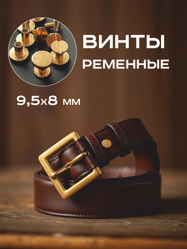Винт ременной 9,5х8 мм, болт для ремня, винт Чикаго 8 мм, цвет золото — фото 1