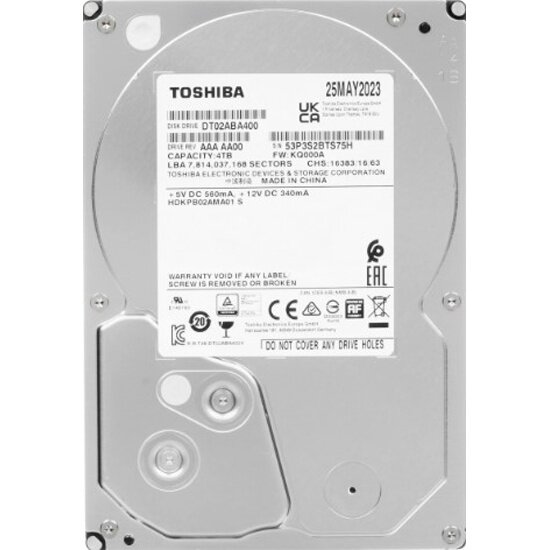 Жесткий диск Toshiba 3.5" DT02 4ТБ, SATA III, 128 Mb, 5400 rpm SMR (DT02ABA400)