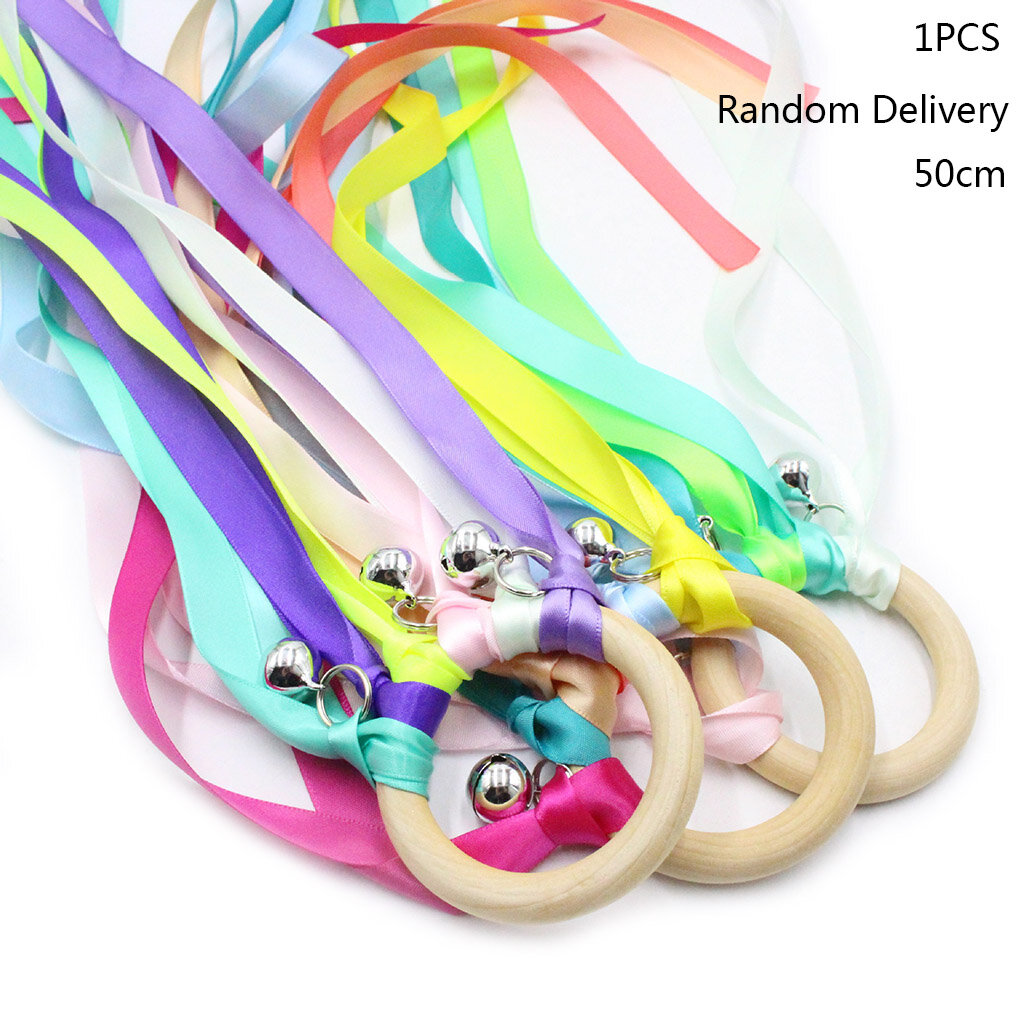 Rainbow Natural Wooden Ribbon Ring with Bells Baby Teething Teether Molar Gifts