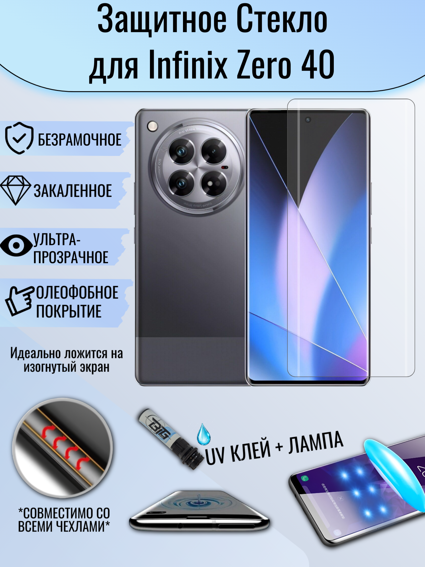 Защитное стекло для Infinix Zero 40 с UV УФ клеем и лампой