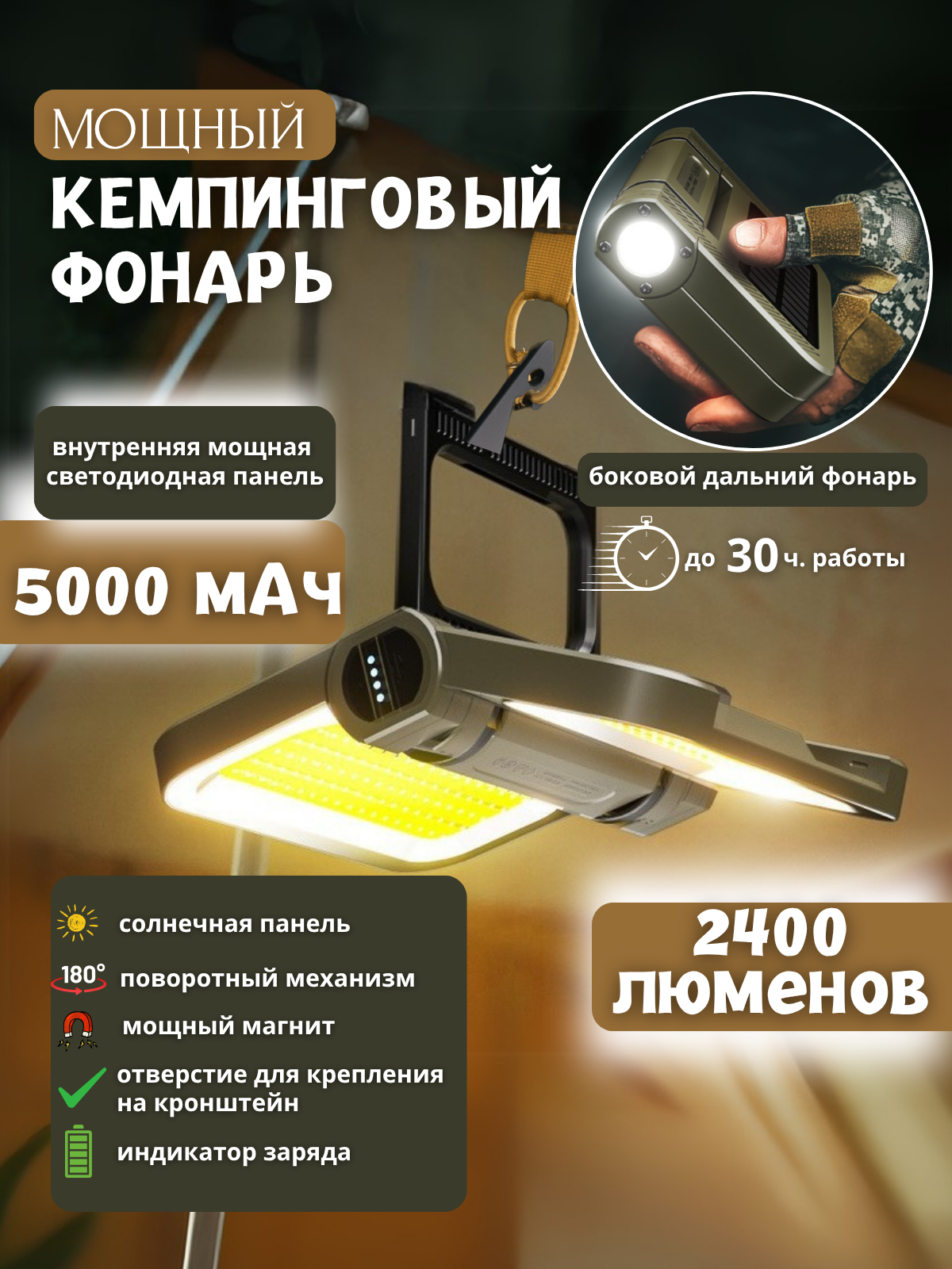 Фонарь прожектор кемпинговый туристический аккумуляторный мощный рабочий с магнитом на солнечной батарее, для дома, для гаража, для машины, для путешествий