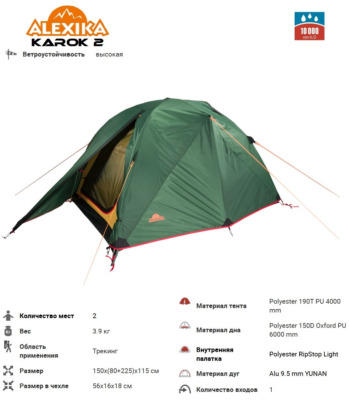 Палатка Alexika Karok, 2-местная, внутренний каркас, зеленый, водостойкость 4000/6000мм в. ст, 3,9кг