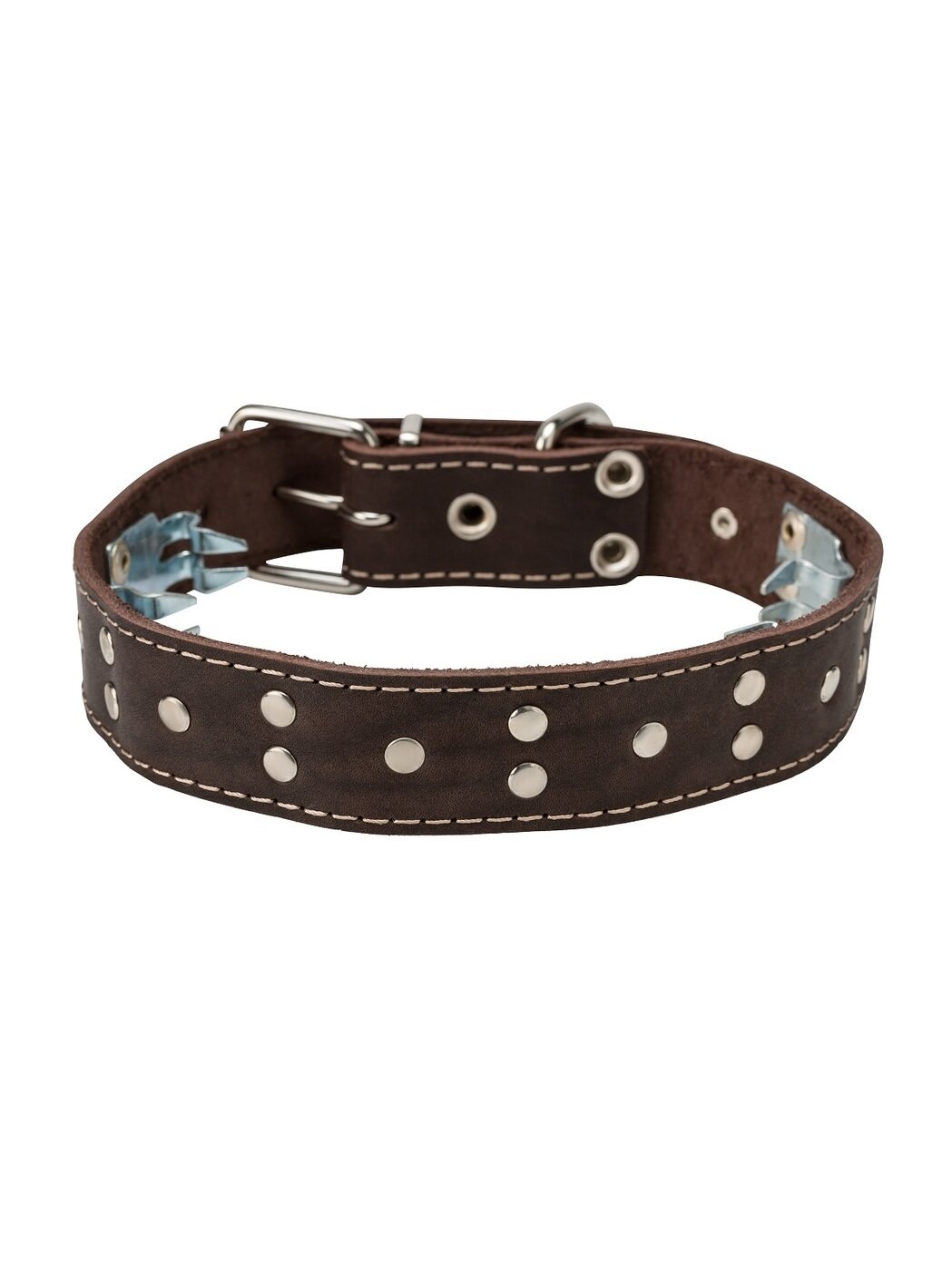 Кожаный строгий ошейник парфорс коричневый CHOKERZ с металлическими клепками 35 мм 65 см