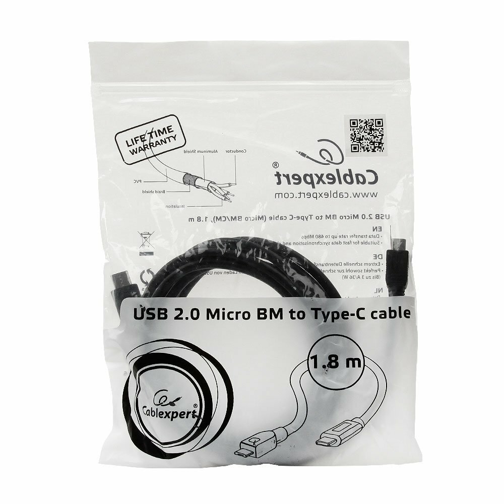 Кабель USB2.0 Cablexpert черный microUSB/Type-C 1.8м CCP-USB2-mBMCM-6 — фото 1