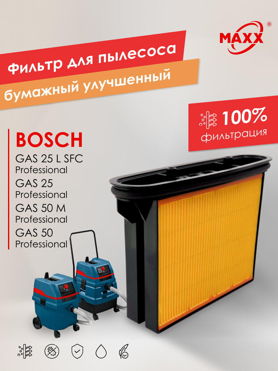 Фильтр PRO складчатый бумажный улучшенный для пылесоса Bosch GAS 25 L SFC, Bosch GAS 50