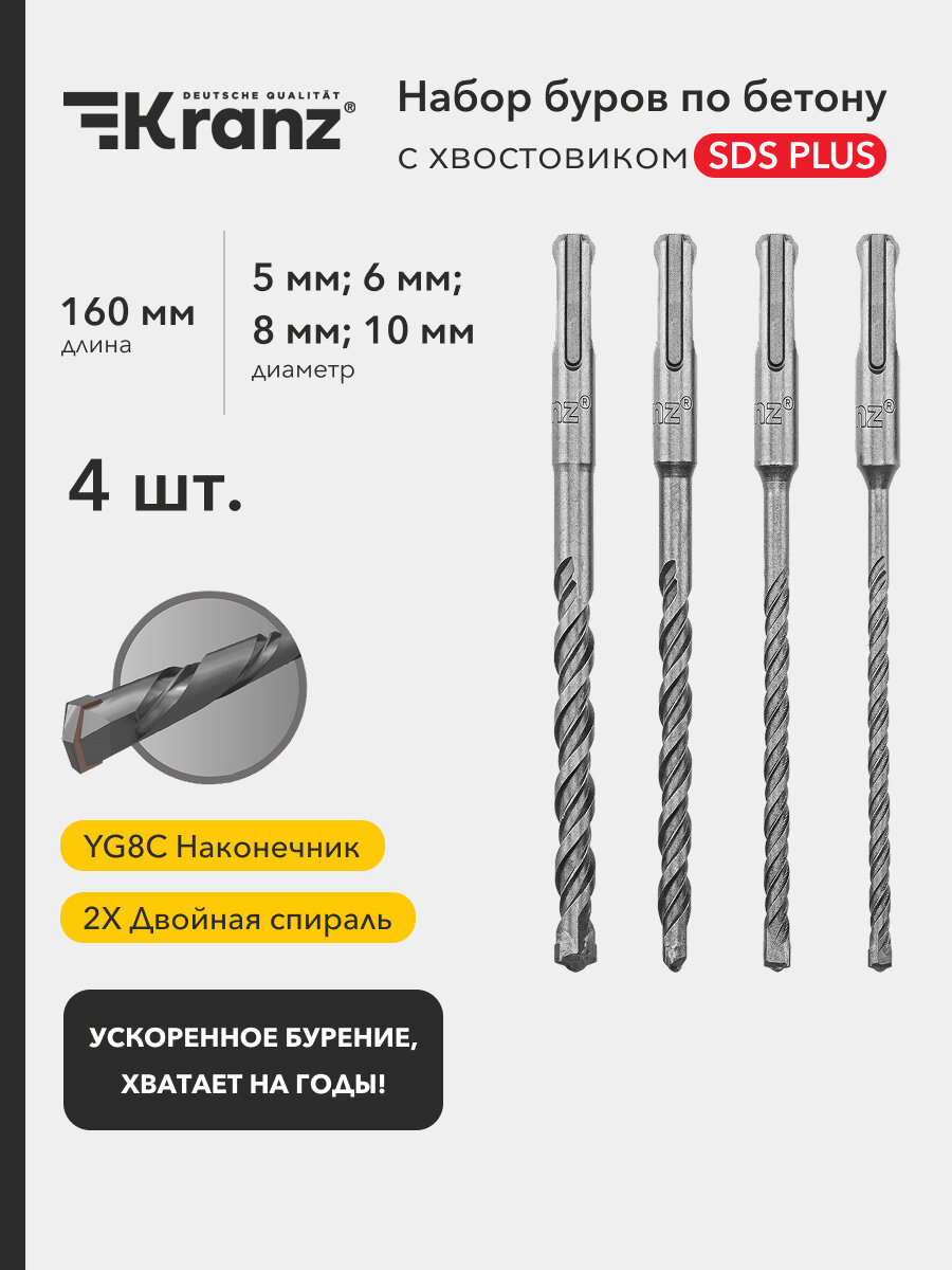Набор буров по бетону SDS PLUS KRANZ 5-6-8-10х160 мм для перфораторы 4 шт. в кейсе