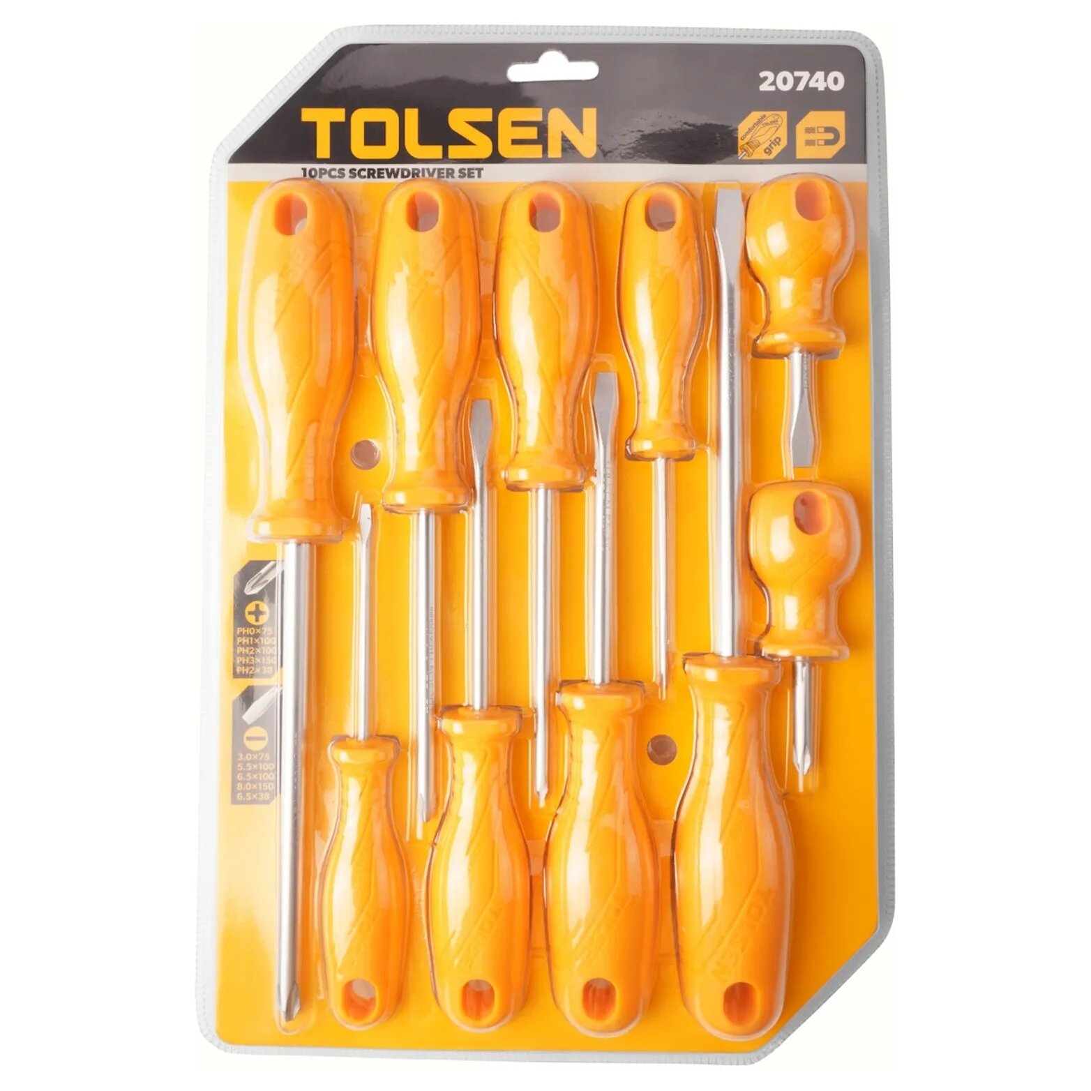 Набор отверток Tolsen 20740, магнитный наконечник, крестообразные и прямые, 10 штук