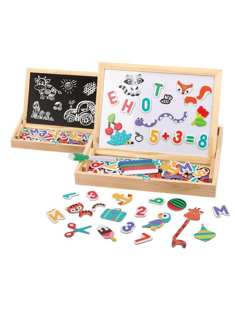 Бизи-чемоданчик Доска знаний: магнитно-грифельная доска, фигурки на магнитах 125 шт. - алфавит, счет, животные, мелки, фломастер. Mapacha