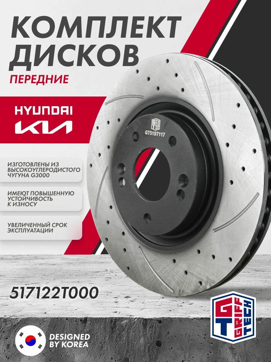 Комплект перфорированных передних тормозных дисков GRIFF TECH 320мм KIA Ceed 2016- / I40/Optima/Grandeur 12- /517122T000