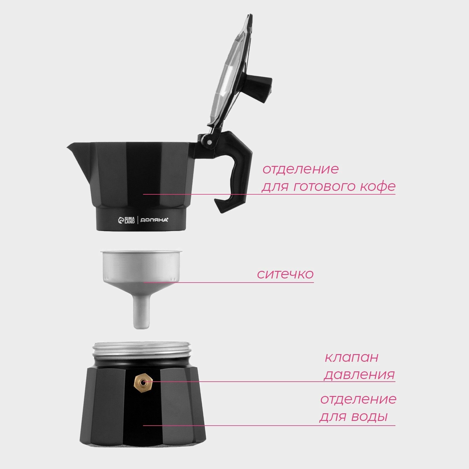 Кофеварка гейзерная Доляна Alum black, на 1 чашку, 50 мл