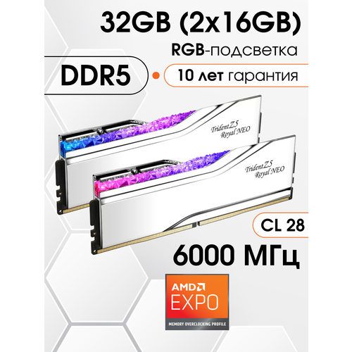 Оперативная память DDR5 GSkill Trident Z5 Royal Neo 32 ГБ AMD Expo 6000 28-36-36-96 2x16 ГБ F5-6000J2836G16GX2-TR5NS 26590₽