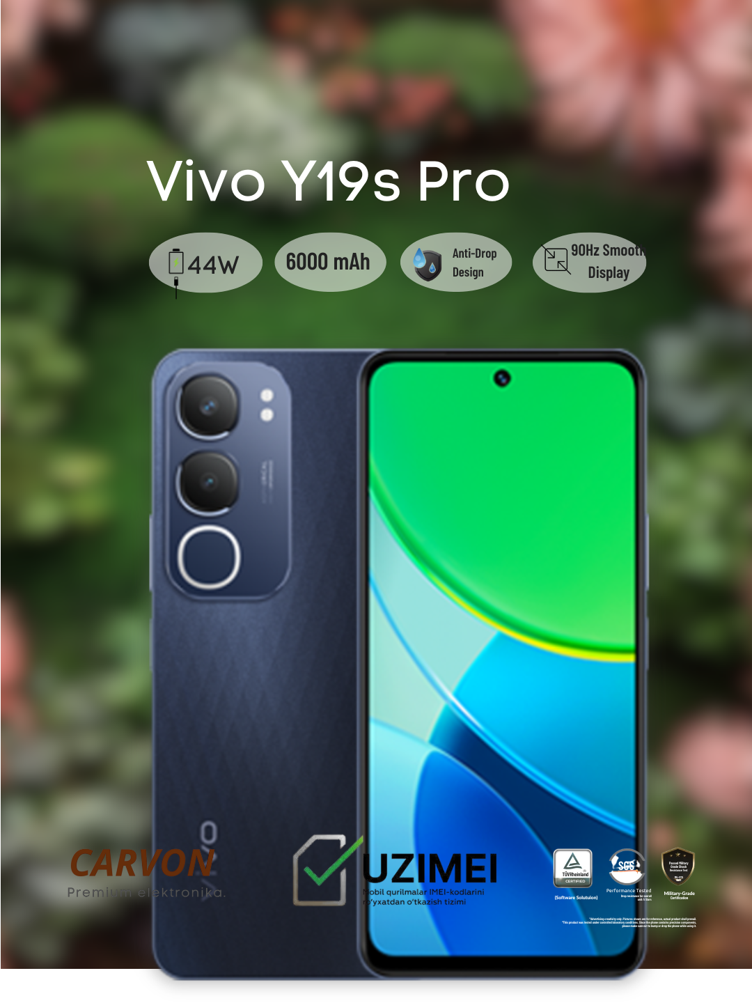 Smarfon Vivo Y 19 S Pro 6/256 gb, IP64, IPS LCD, 90Hz, 1000 nits, Li-Ion, 6000 mA/soat Yaltiroq qora