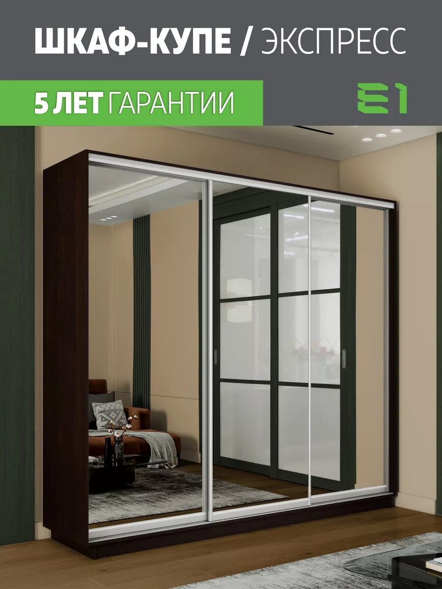 Шкаф-купе Е1 Экспресс трехдверный, зеркала, 210х60х220, темно-коричневый