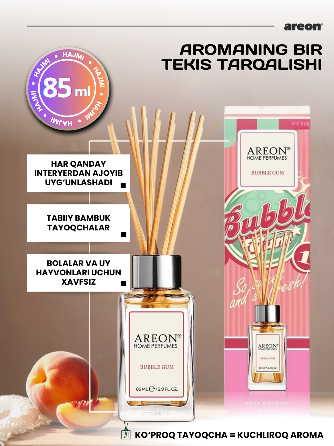 Ароматический диффузор Areon Classic, аромат Bubble Gum, для дома/офиса/квартиры, с палочками, 85 мл — фото 1