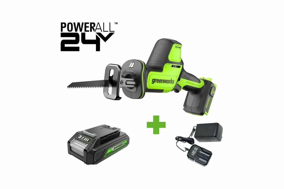 Пила сабельная GreenWorks GPT-CRS-25 24V б/щет 0-3000/мин рез 80мм по дереву LED 1x2Ач ЗУ коробка 1200507VUA