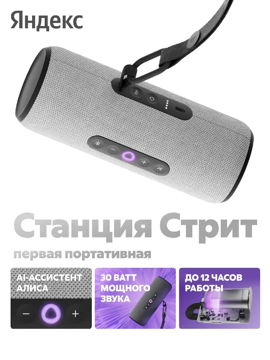 Умная колонка Станция Стрит с Алисой, 30 Вт, серый