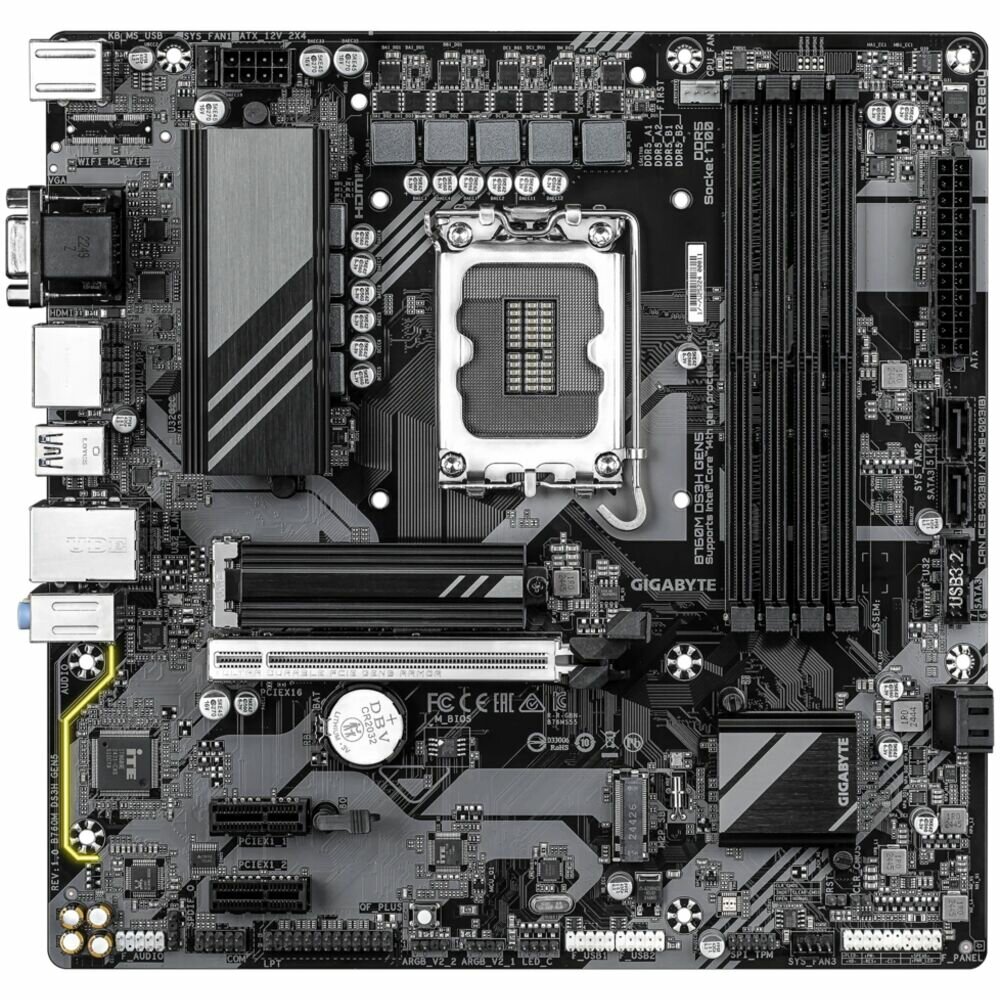 Материнская плата Gigabyte B760M DS3H GEN5 B760 Socket-1700 4xDDR5, 4xSATA3, RAID, 2xM.2, 1xPCI-E16x, 3xUSB3.2, 1xUSB3.2 Type C, D-Sub, 2xDP, HDMI, 2.5Glan, mATX