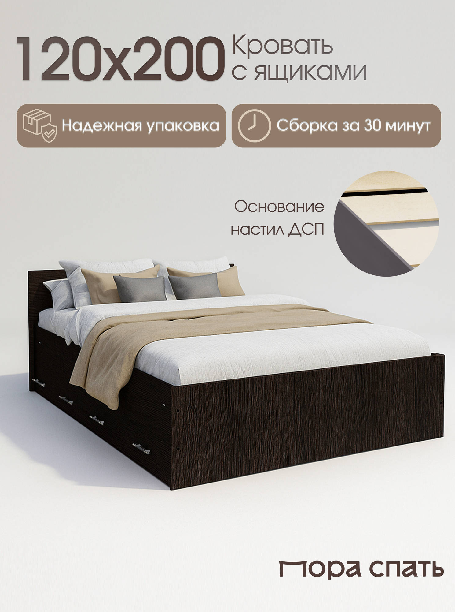 Кровать Пора Спать Амелина с ящиками и основанием ДСП Венге спальное место: 200х120 см габариты: 204х129 см