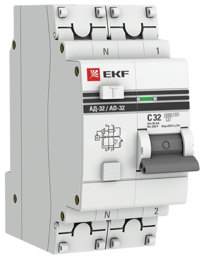 Автомат дифференциальный EKF PROxima АД-32 32А 30 мА 1P+N тип АС 45 кА (DA32-32-30-pro)