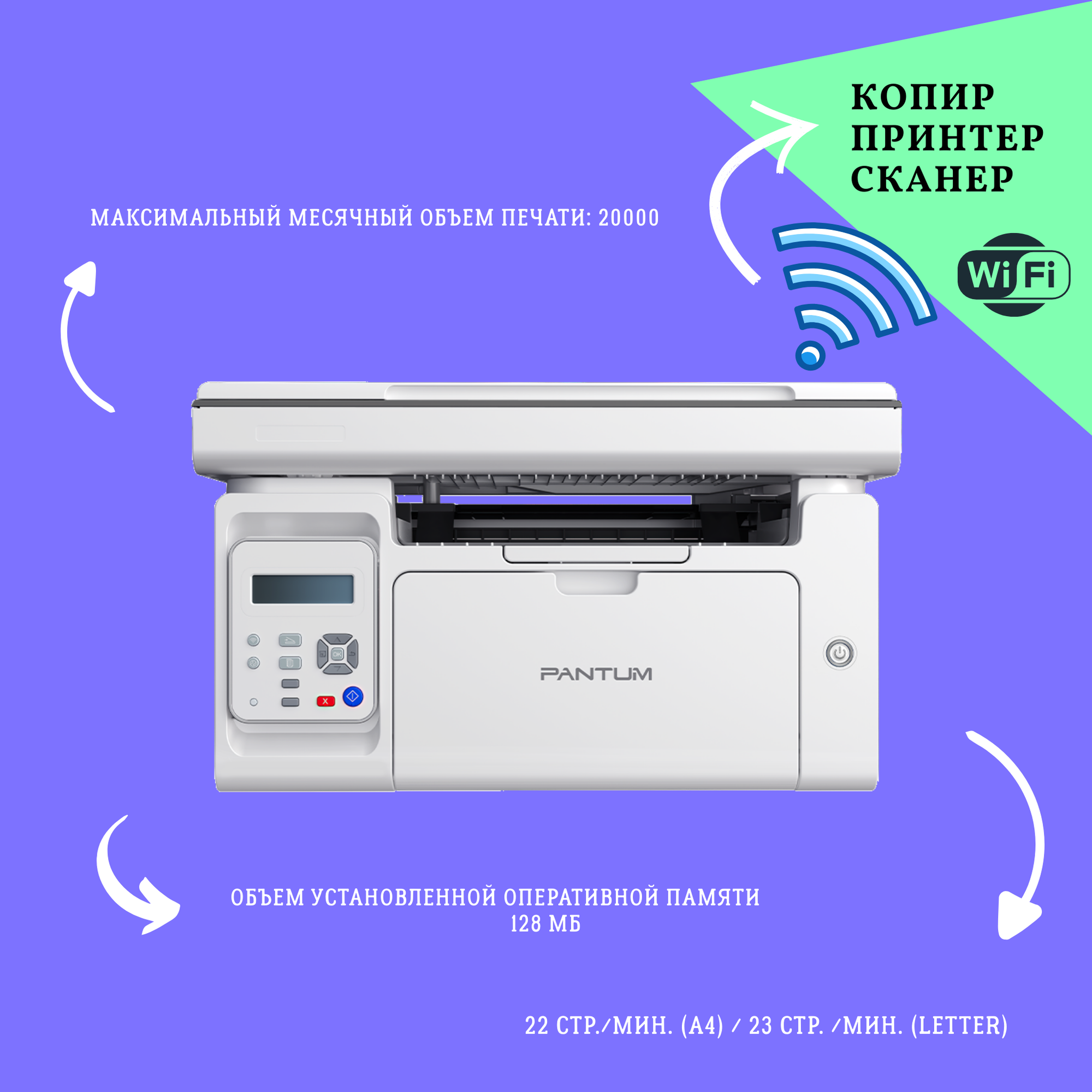 Лазерный Принтер-МФУ "Pantum M6503W", WIFI черно-белый, A4, настольный