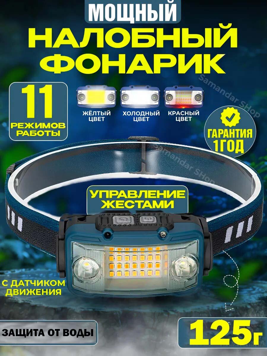 Тактический налобный фонарь для туризма рыбалки охоты. Крепкий влагозащищенный 10ч работы