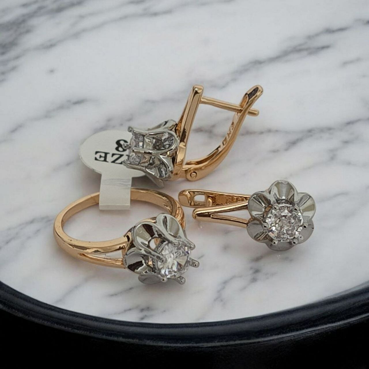 Комплект бижутерии: серьги, кольцо, фарфор, размер кольца 19, серебристый — фото 1