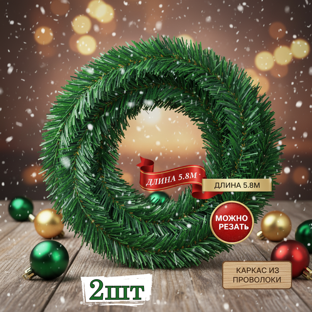 Новогодняя еловая гирлянда из ПВХ "Волшебная нить". Мишура 58 метра. Для Нового года и Рождества. 2 шт.