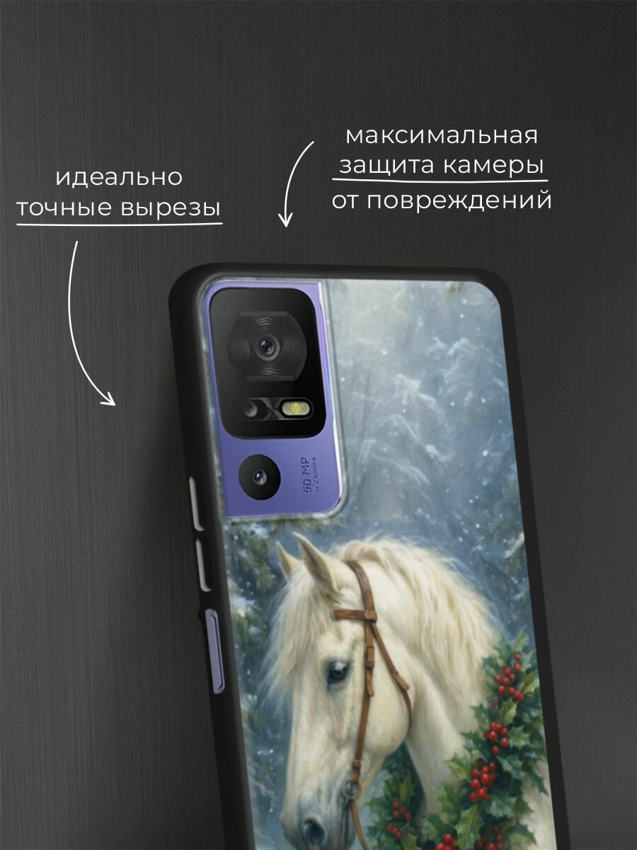 Черный матовый чехол на TCL 40 SE / ТСЛ 40 SE с принтом "Белый конь с венком" — фото 1