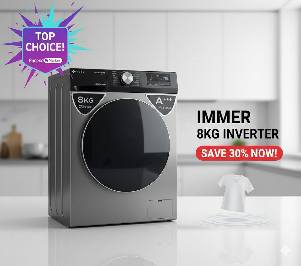IMMER 8 kg Black – Стиральная машина с большим барабаном и экономичным расходом | Сенсорное управление