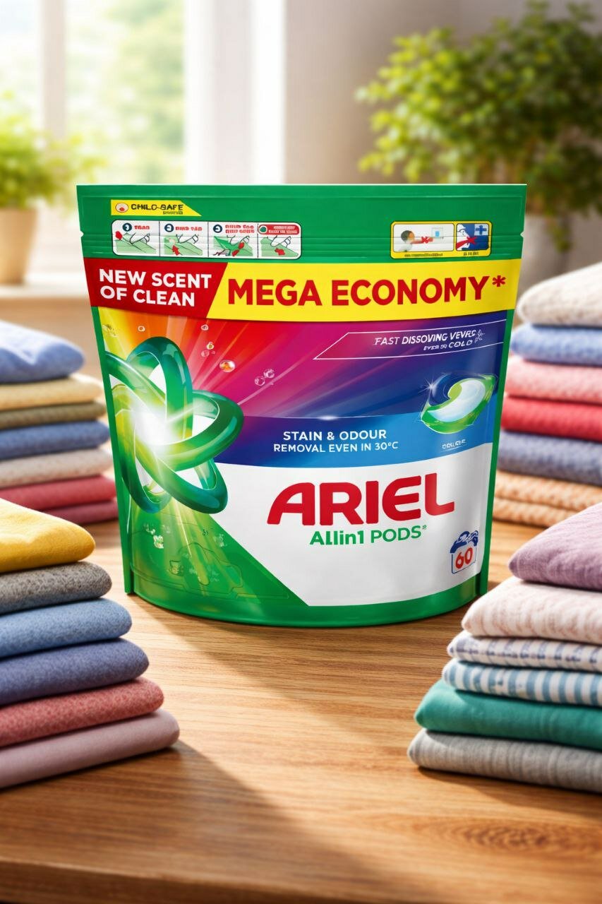 Ariel All-in-1 Pods эффективно удаляет пятна и запахи даже при низкой температуре, сохраняя свежесть белья.