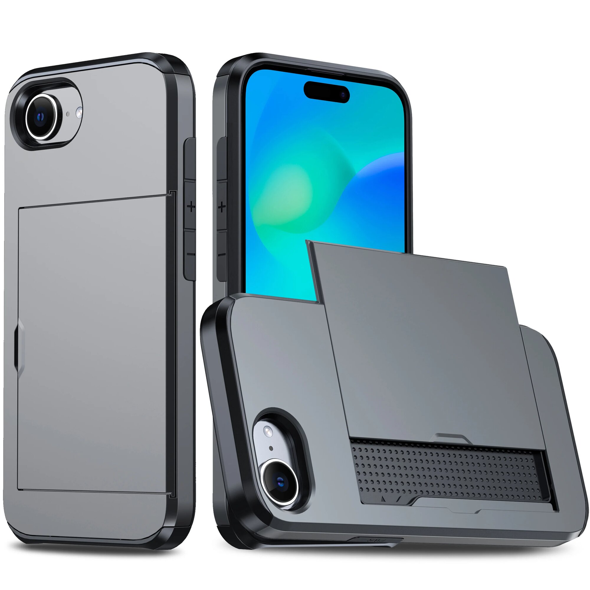 Чехол-кошелек со скрытым слотом для карт для iPhone 16e 16 Pro Max 15 14 13 iPhone 16e, Серый, Grey