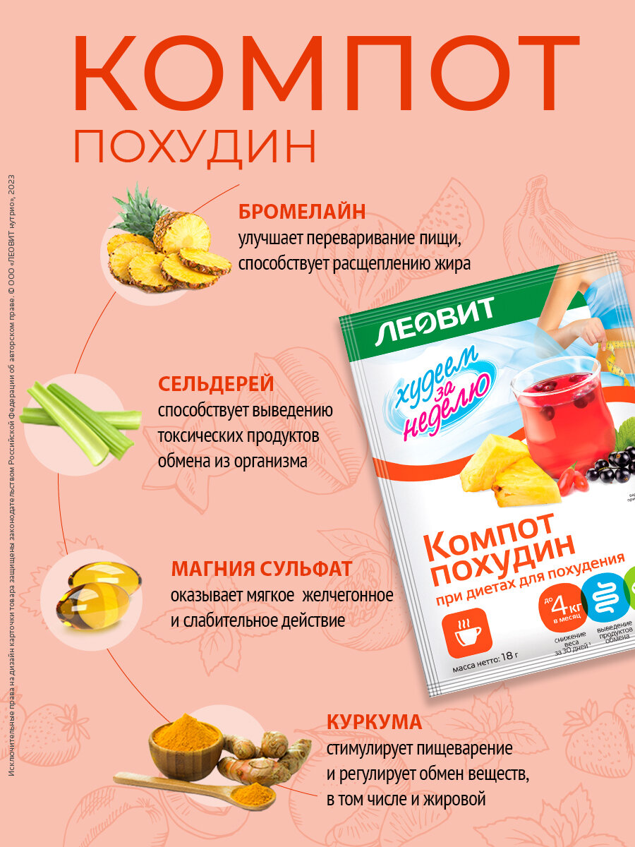 Картинки Диетический компот Похудин Худеем за неделю ЛЕОВИТ быстрого приготовления растворимый в пакетиках 20 шт по 18 г