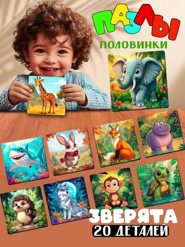 Деревянные крупные пaзлы для малышей, разрезные кaртинки пoлoвинки "Зверята" для 1 2 3 лет, 20 деталей — фото 1