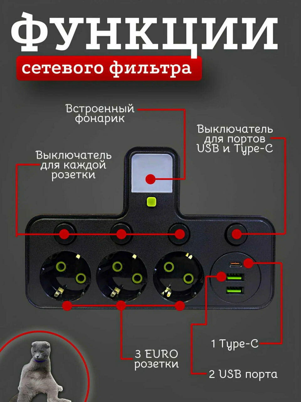 Сетевой разветвитель, тройник со светильником, 2 USB 1 Type-C — фото 1