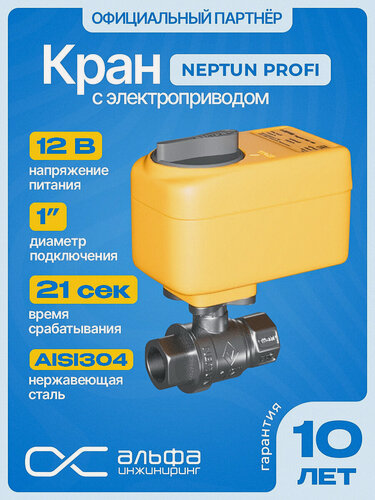 Изображение товара Кран шаровый для воды с электроприводом Нептун Neptun Profi 12В муфтовый (ВР/ВР), нержавеющая сталь Ду 25 (1")