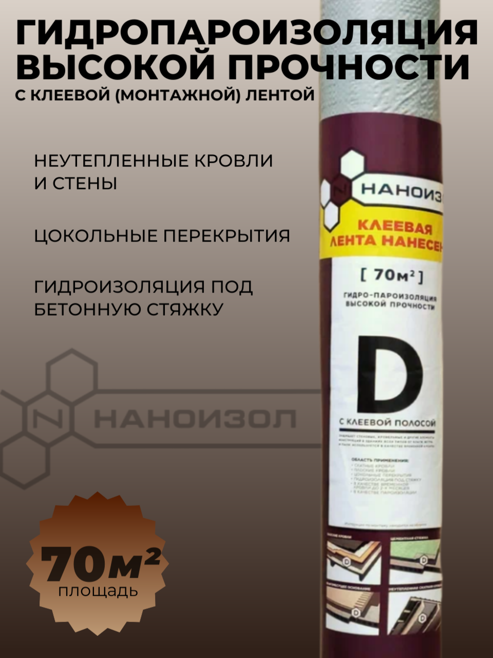 Гидро-пароизоляция высокой прочности Наноизол D (70 м2) c клеевой/монтажной полосой
