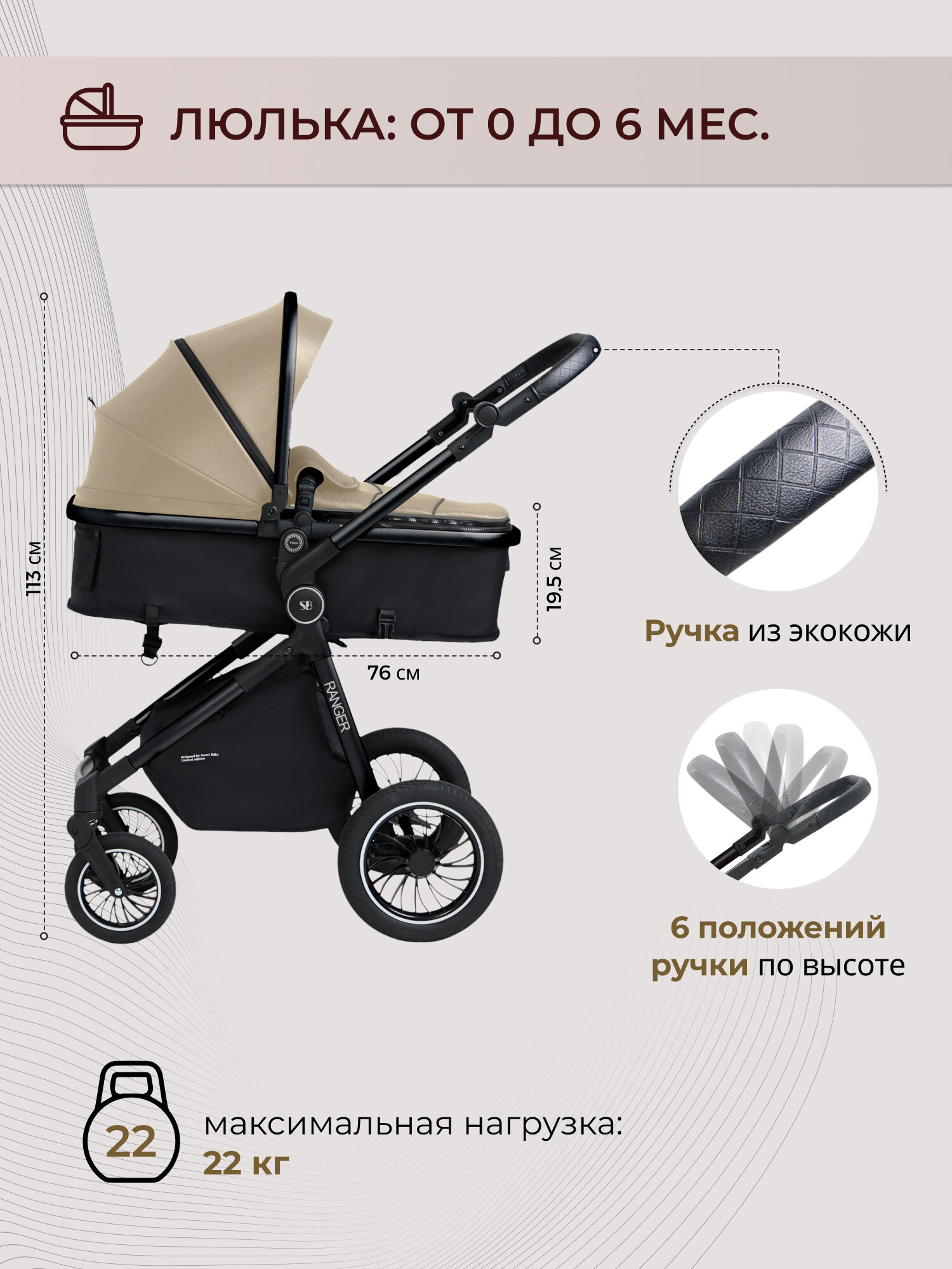 Коляска 3 в 1 для новорожденных трансформер Sweet Baby Ranger Neo Beige Glossy — фото 1