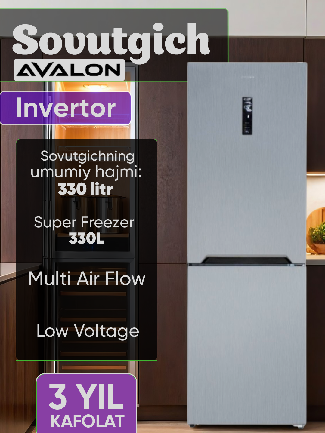 Холодильник Avalon AVL-RF330 - (330 Литр) Инверторный No Frost