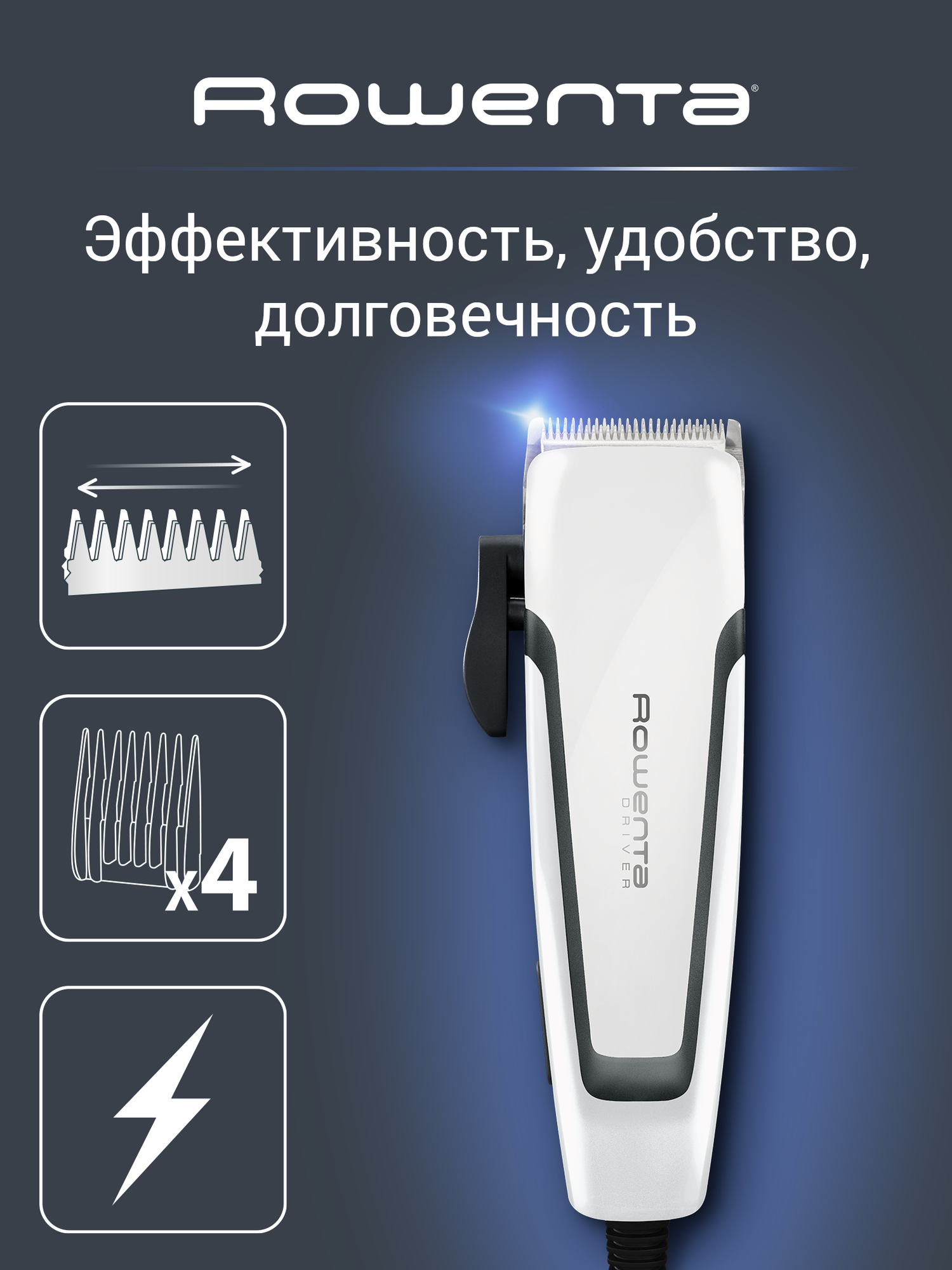 Машинка для стрижки волос Rowenta Pure Collection Driver TN1605F0, 1-12 мм, лезвие из нержавеющей стали, белый/черный